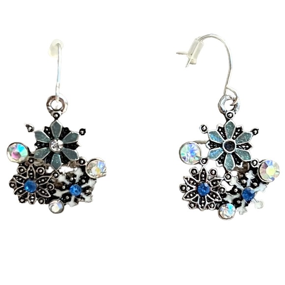 Blue & Silver Snowflake 1.25” Dangle Earrings - Picture 2 of 4